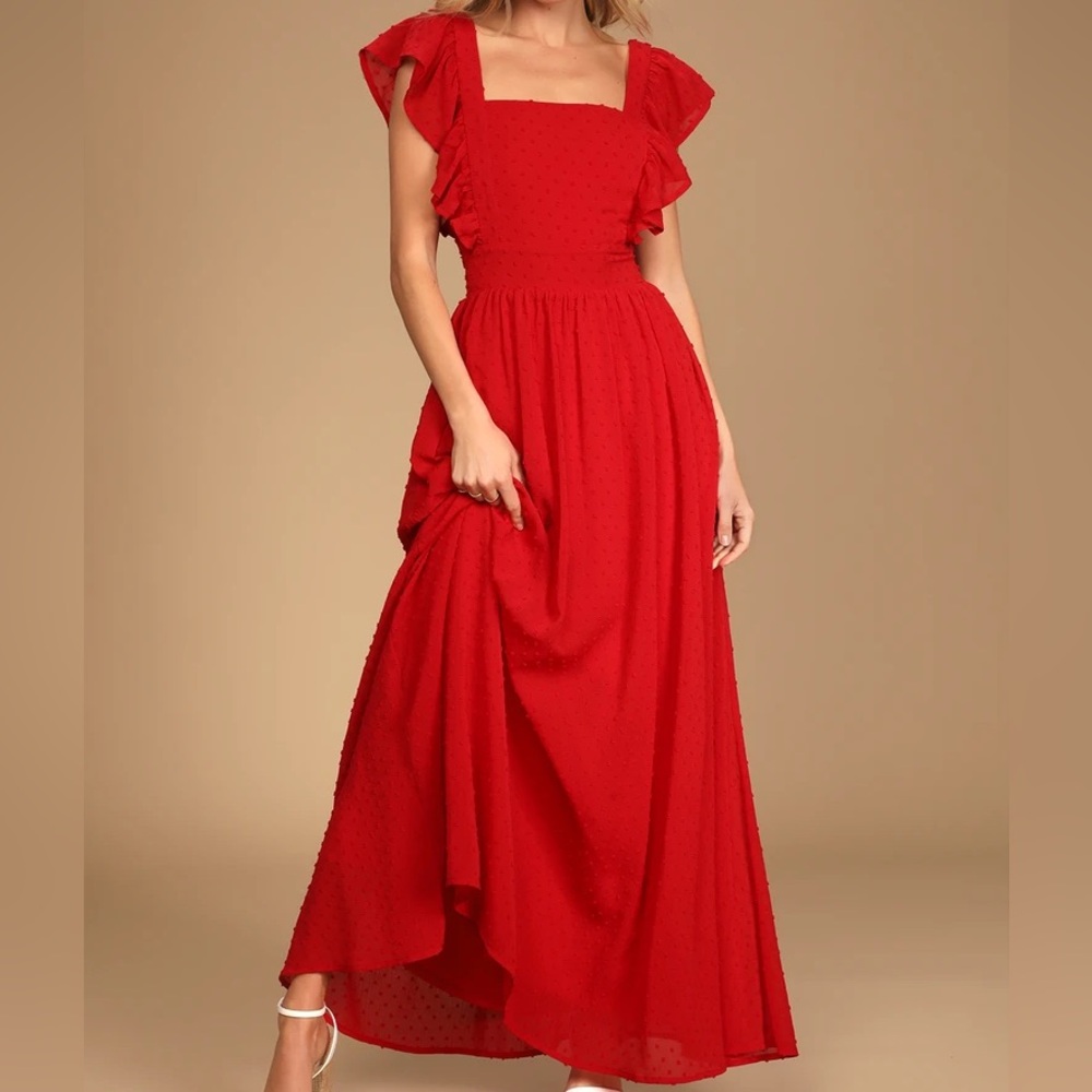 Lulus Little Love Red Swiss Dot Backless Ruffled Maxi Dress